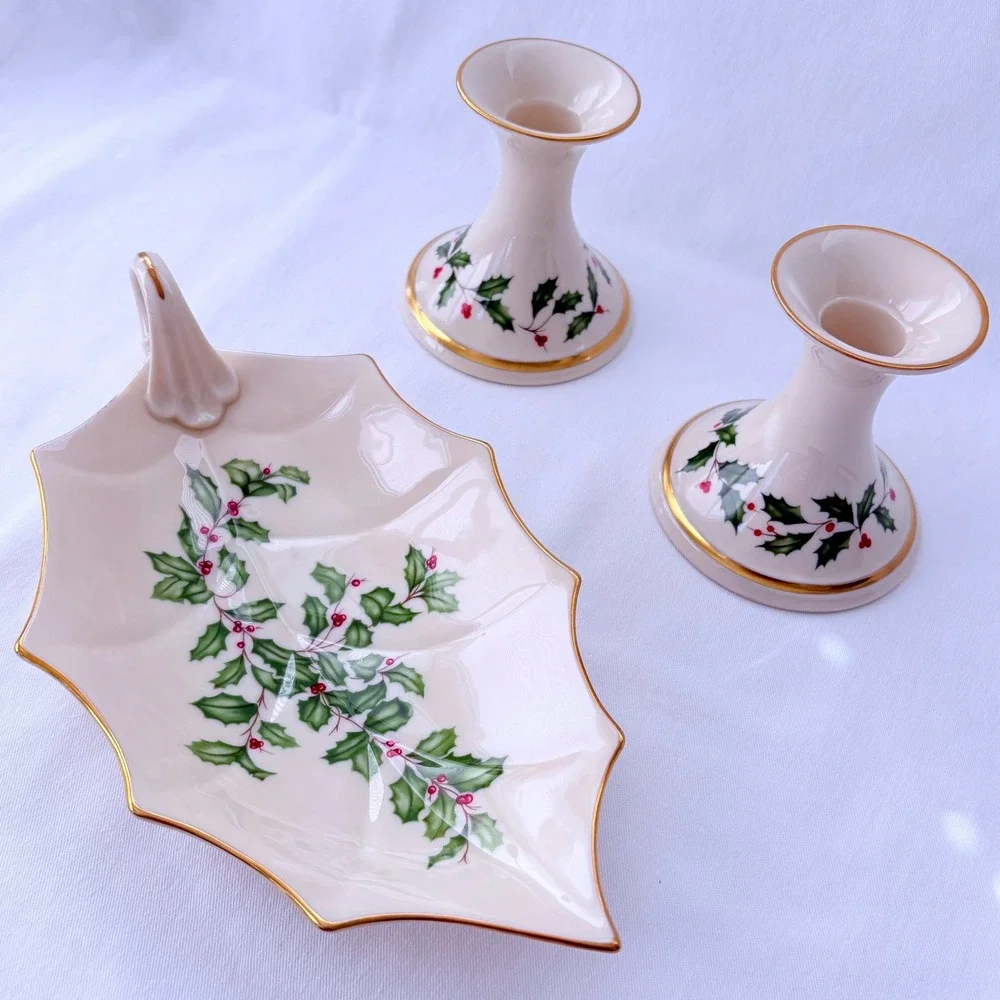 Vintage Lenox Holiday Candle Holder Set & Leaf Dish Gold Trim Holly Berry 3pc